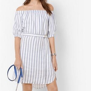 Michael Kors Striped Linen Off-the-Shoulder Dress